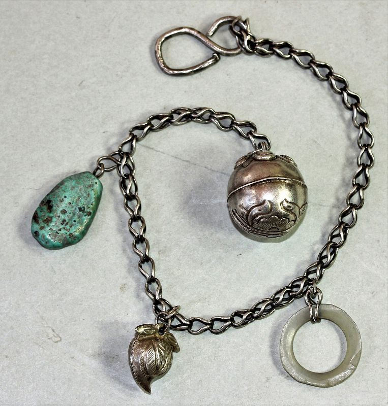 Chinese Silver Bell & Jade Charms on Silver Chain