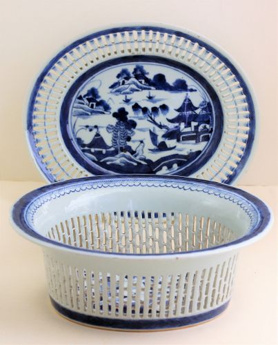 Chinese Export Canton Blue & White Porcelain Basket & Under Tray