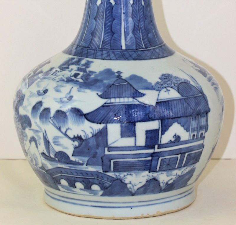 Chinese Export Canton Blue &amp; White Porcelain Water Bottle