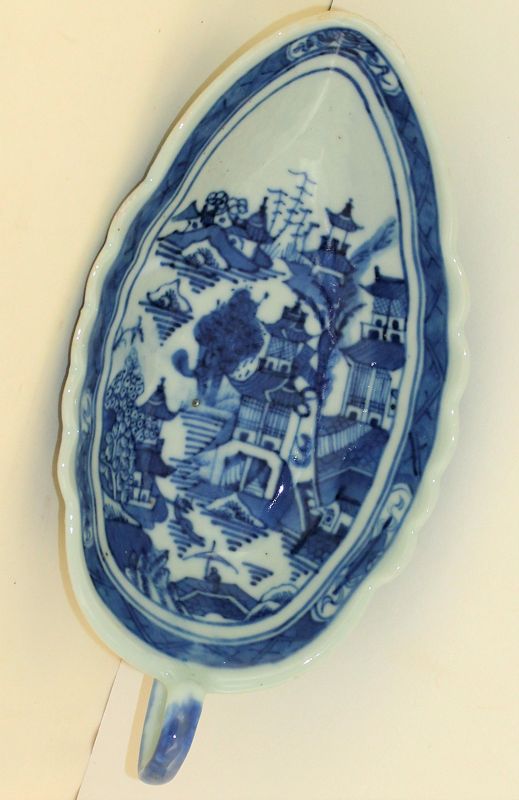 Chinese Export Canton Blue & White Porcelain Sauce/Gravy Boat