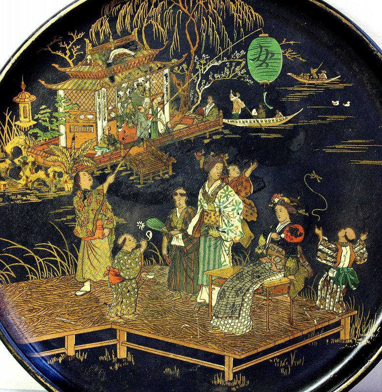 French Papier Mache lacquered Chinoiserie design round Tray