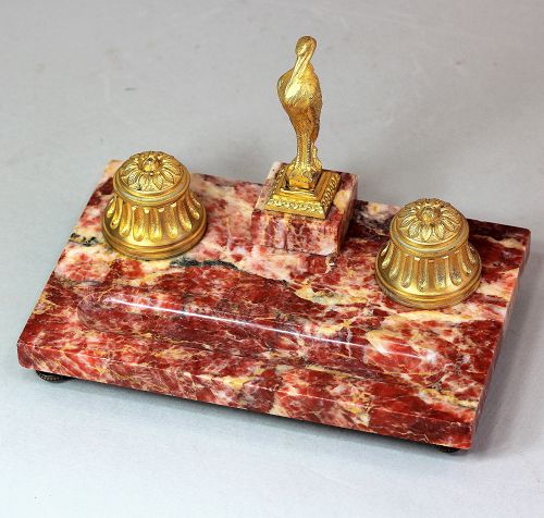 French pink Marble & Ormolu Desk set with Heron top Seal
