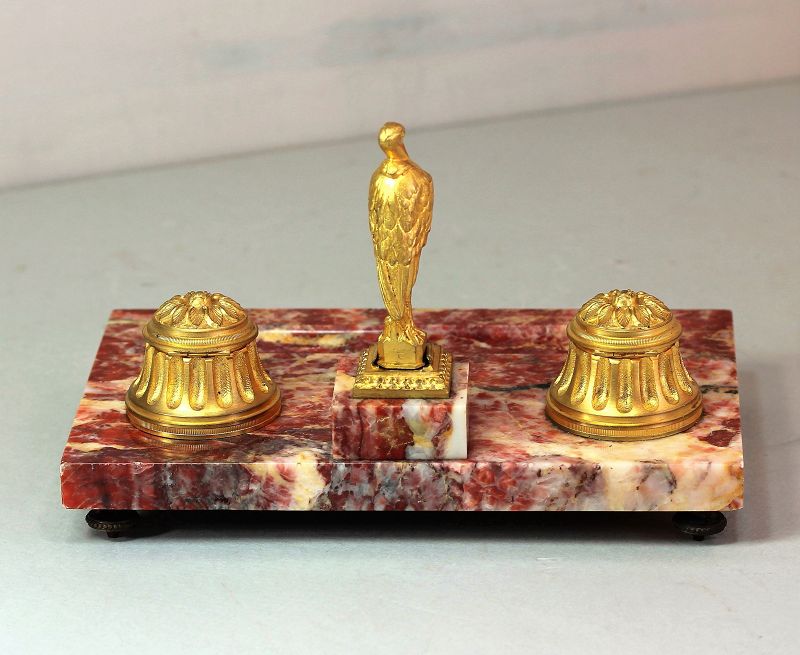 French pink Marble &amp; Ormolu Desk set with Heron top Seal