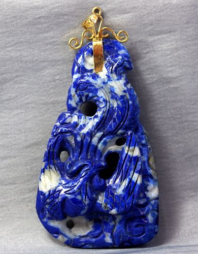 Lapis Lazuli Hard Stone carved Pendant with 14K gold