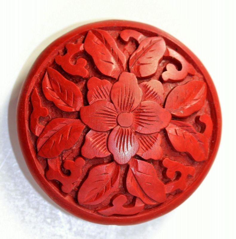 Chinese carved Cinnabar Lacquer large Pancake shape Bead