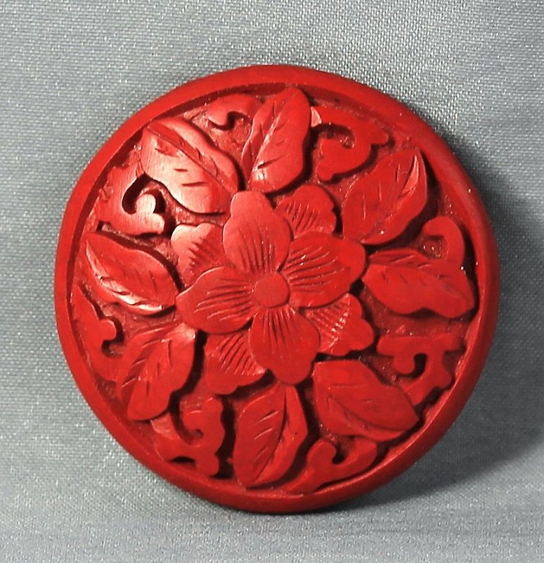 Chinese carved Cinnabar Lacquer large Pancake shape Bead