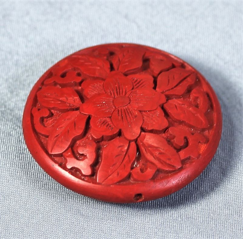 Chinese carved Cinnabar Lacquer large Pancake shape Bead