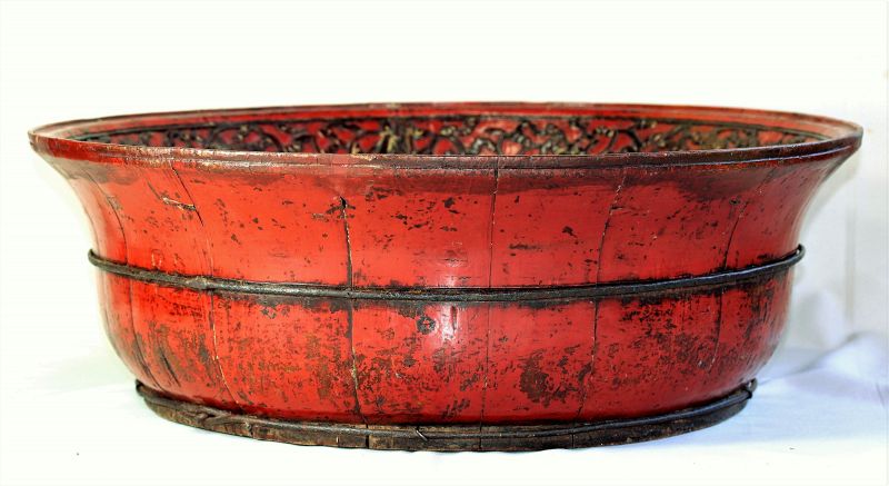 Chinese Bridal red lacquer on wood food storage bowl, 19th C.