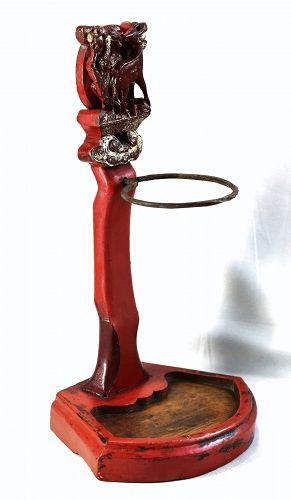 Chinese red Lacquer on wood oil lamp with Deer carving