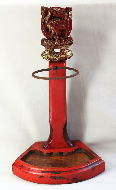 Chinese red Lacquer on wood oil lamp with Deer carving