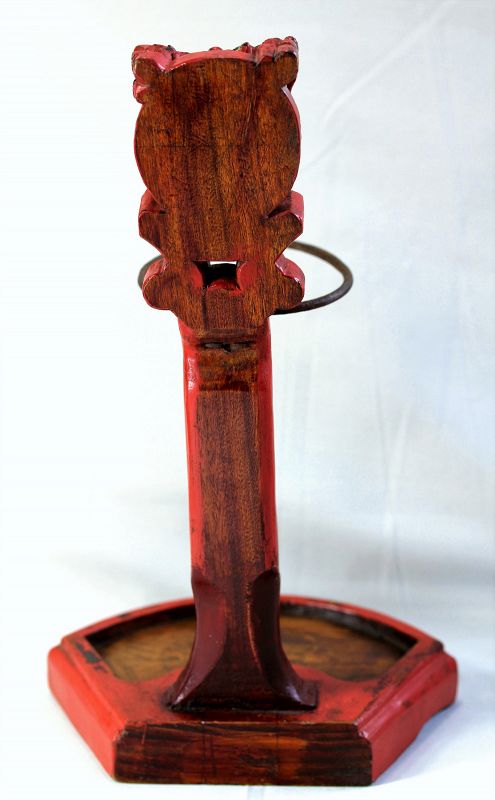 Chinese red Lacquer on wood oil lamp with Deer carving