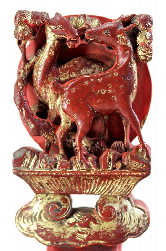 Chinese red Lacquer on wood oil lamp with Deer carving