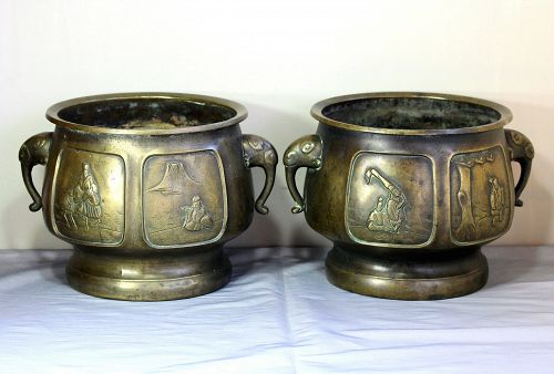 Pair Japanese Brass Hibachi, high relief decoration