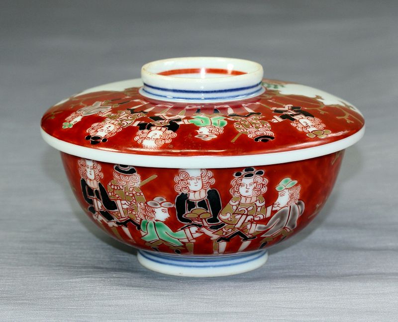 Japanese Imari Black Ship Namban Porcelain covered Bowl
