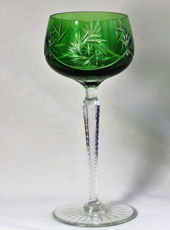 Bohemian crystal tall Wine Glass, green to clear cut