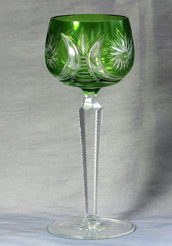 Bohemian Cut Crystal tall Wine Glass, green to clear cut