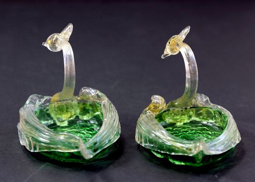 Pair Venetian Glass Swan Salt & Pepper Dishes