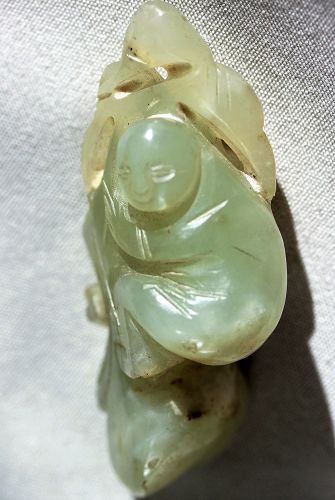 Chinese Nephrite Jade Toggle, boy holding branch