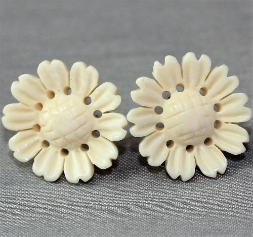 Pair Chinese carved Ivory flower Pedal Earrings, 14K gold clasp