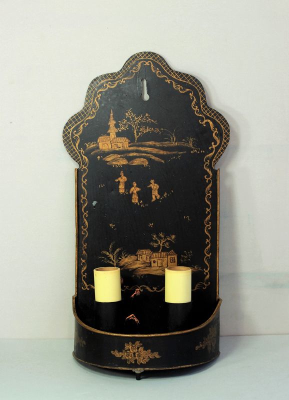 Tole Sconce, gold Chinoiserie design on black
