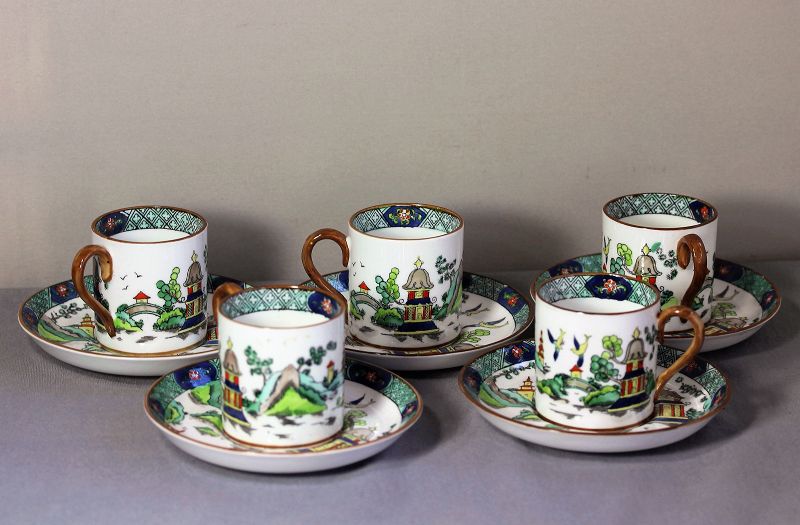 5 English Staffordshire Porcelain Demitasse Cups &amp; Saucers