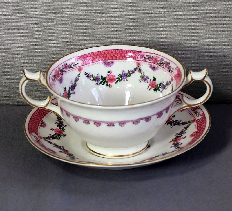 8 English &quot;Crescent&quot; Porcelain Bouillon Cups &amp; Saucers