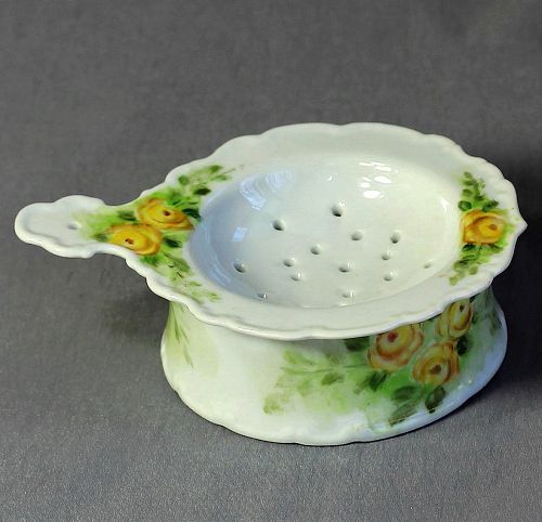 Porcelain Tea Strainer and Bowl, hand painted