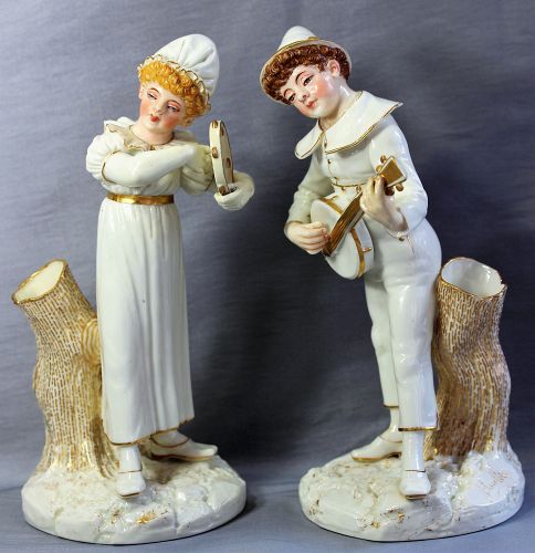 Pair English Worcester Porcelain Figures, Musicians