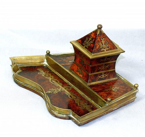 European Art Deco Brass & Burl Walnut inlaid Standish, desk set