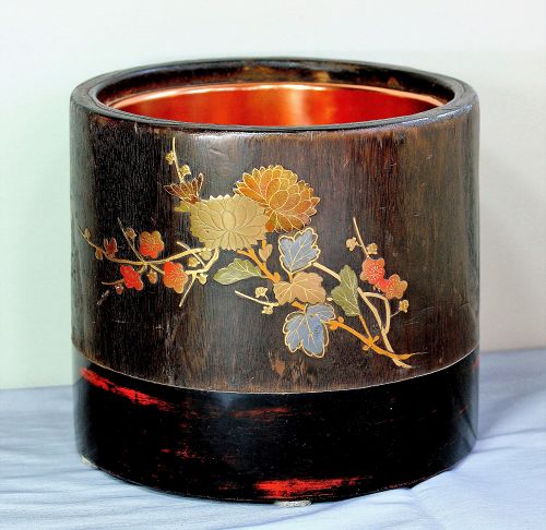 Japanese Kiri wood Hibachi, Lacquer Floral design