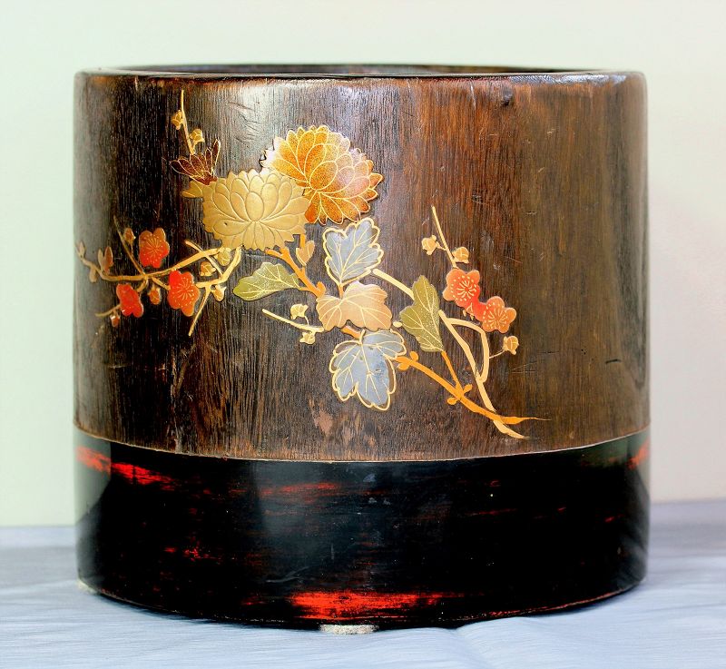 Japanese Kiri wood Hibachi, Lacquer Floral design