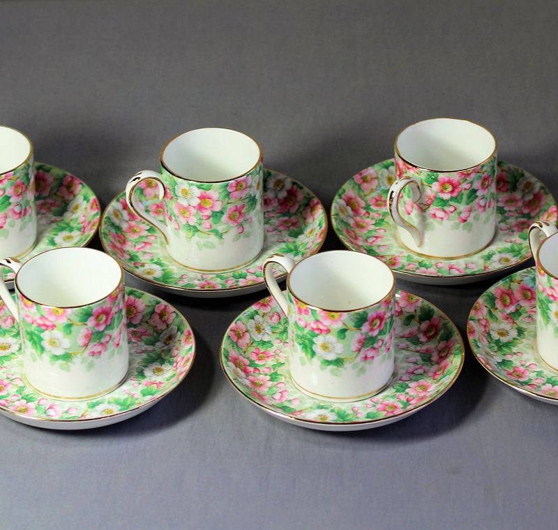 6 English Staffordshire Porcelain Demitasse Cups & Saucers