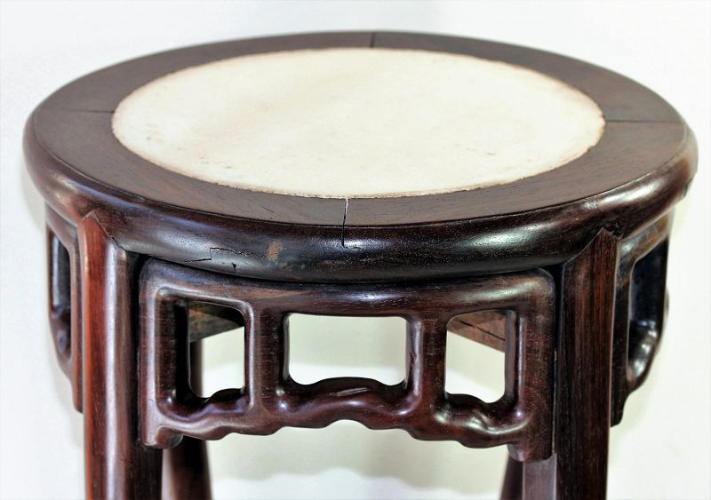 Chinese Blackwood &amp; mottled white Marble top round Stool/table