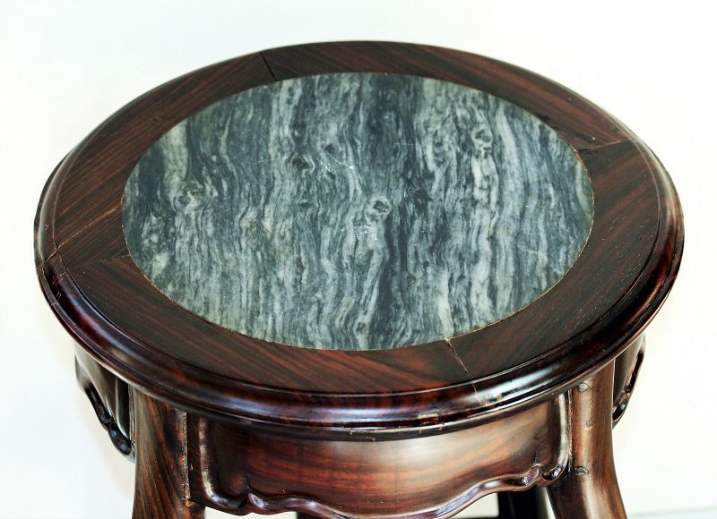 Chinese Blackwood &amp; Natural Mottled Marble top round Stool/table