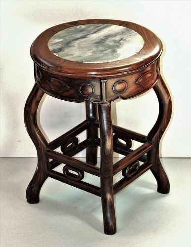 Chinese Blackwood &  Natural gray Mottled Marble top round Stool/table
