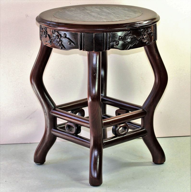 Chinese Blackwood &amp; Natural gray Mottled Marble top round Stool/table