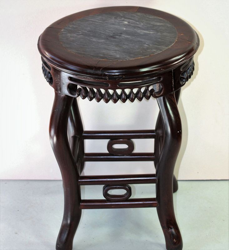 Chinese Blackwood &amp; Natural gray Mottled Marble top round Stool/table