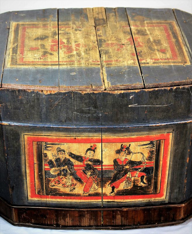 Chinese Polychrome painted on Wood Storage Box or Trunk