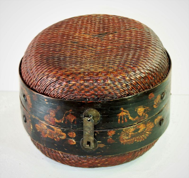 Chinese Lacquered woven Reed and wooden framed Box