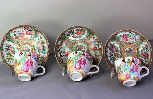 3 Chinese Export Rose Medallion Porcelain Demitasse Cups & Saucers