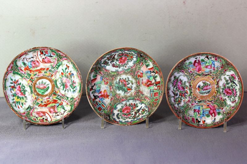 3 Chinese Export Rose Medallion Porcelain Demitasse Cups &amp; Saucers