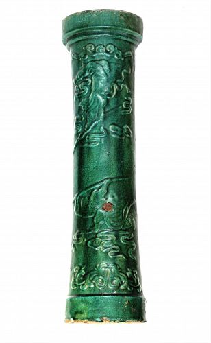 Chinese Green Pottery Garden Column, Horse, Deer, Hawk & Monkey design