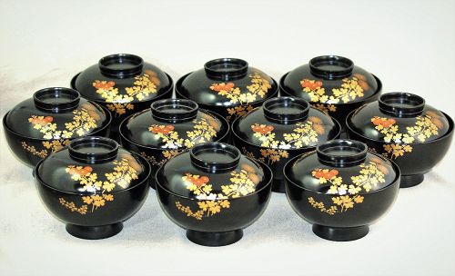 10 Japanese Lacquer covered Bowls, gold & red floral design