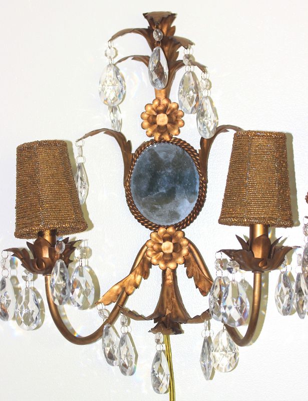 Pair 2 lights gilded metal Sconces with gold beads shades