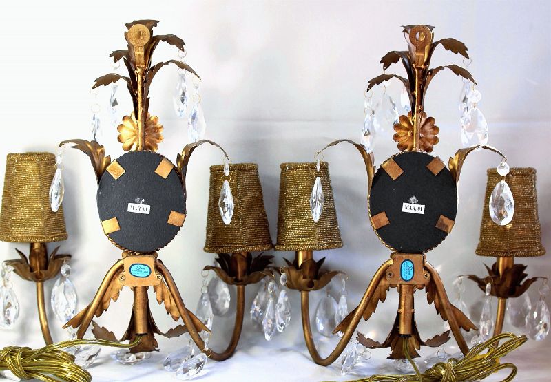 Pair 2 lights gilded metal Sconces with gold beads shades