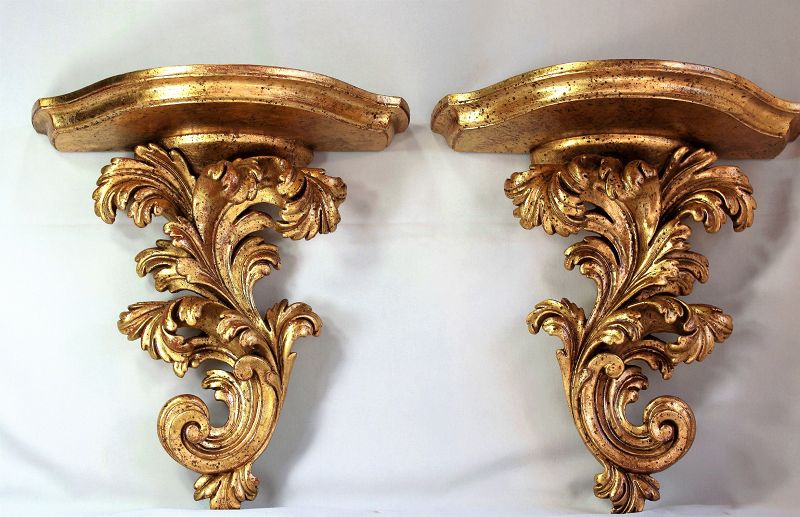 Pair European Gilded on wood Display wall Brackets or Shelves