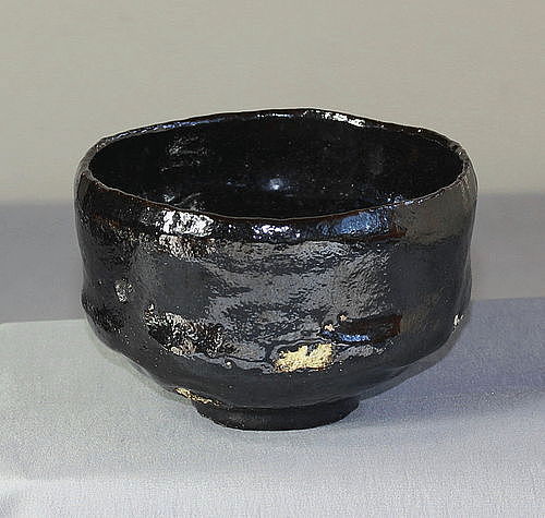 Japanese Black Raku Pottery Tea Bowl, Chawan with impressed mark