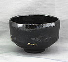 Japanese Black Raku Pottery Tea Bowl, Chawan with impressed mark