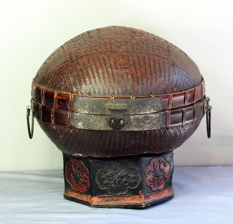 Chinese Dome top Bamboo covered Basket on stand