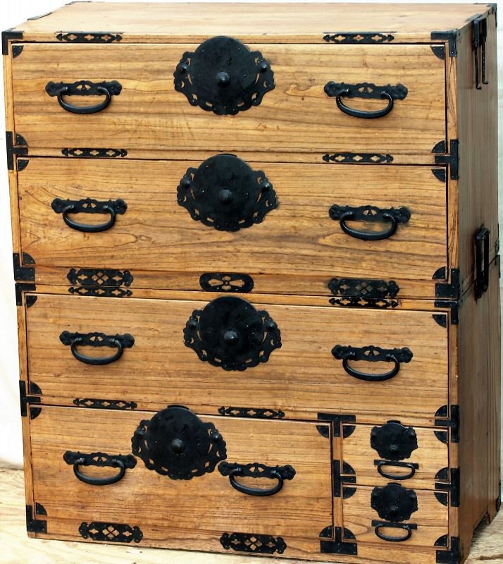 Japanese Tansu, 2 section Kiri &amp; Cedar chest, Black Iron Hardware